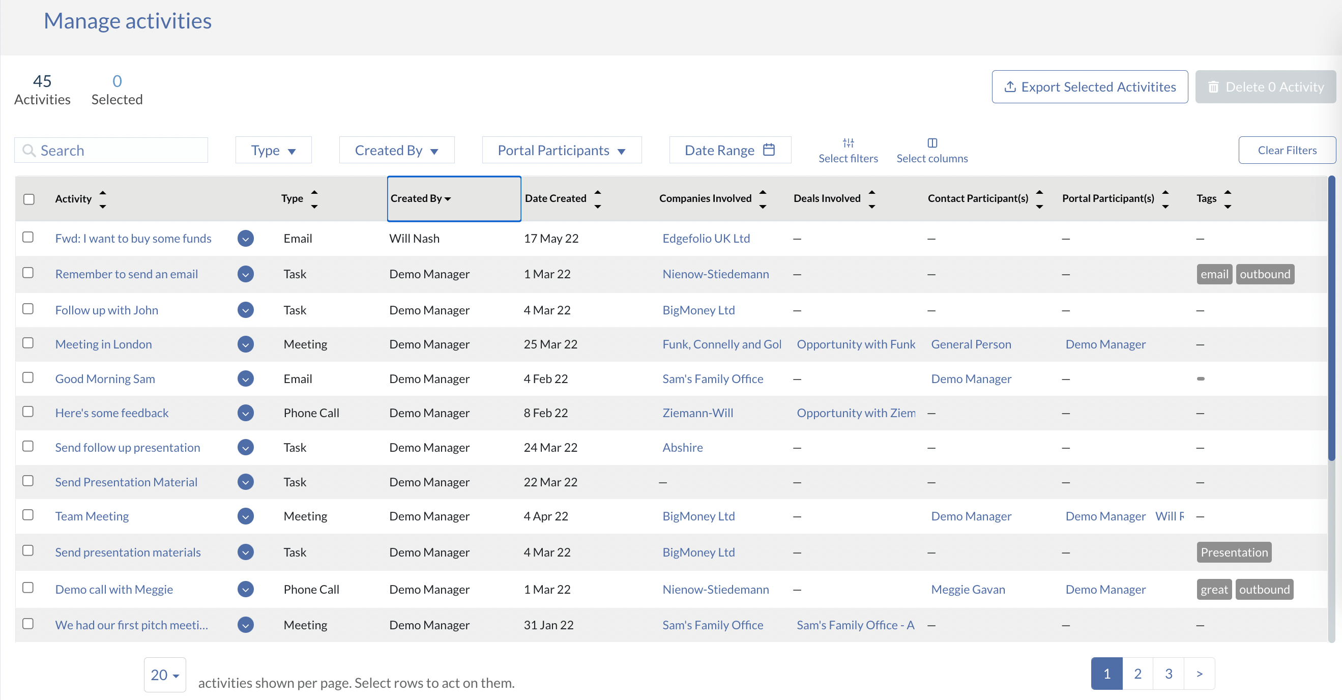 Activities table, FundPortal